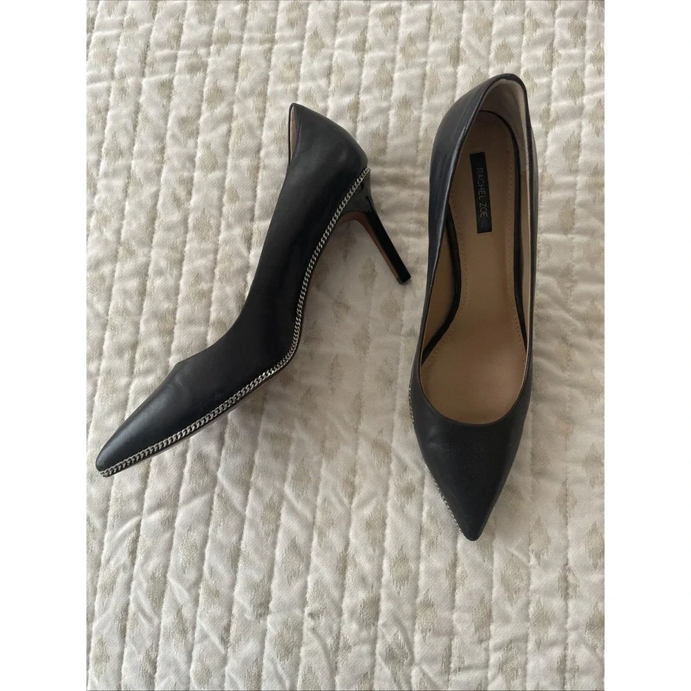 Rachel Zoe‎ Heels Size 9.5 Black Leather Pointed Stiletto Pump Silver Trim